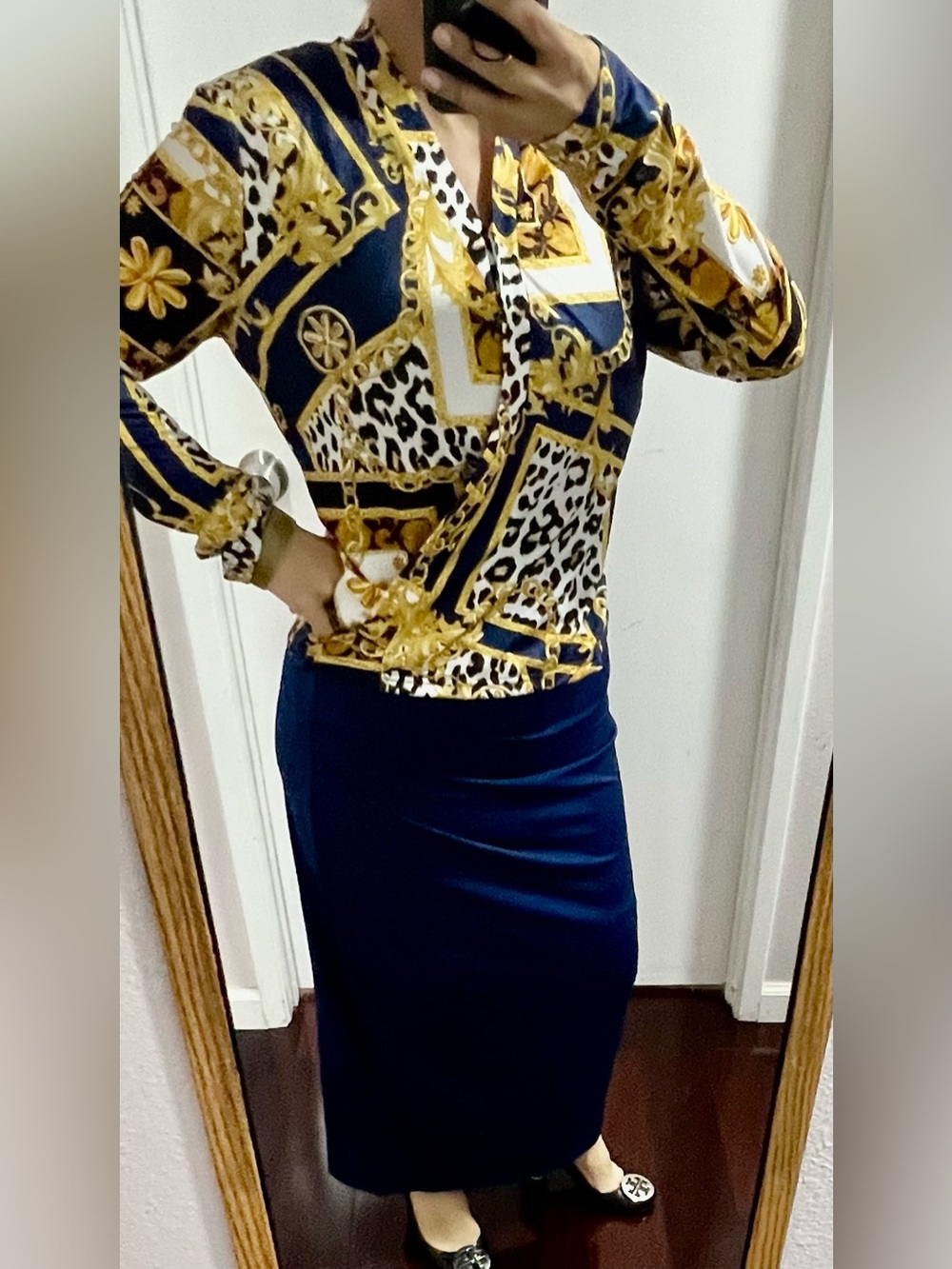 Sale(3 for $50)-Baroque Print Long Sleeve Top with Navy Pencil Skirt